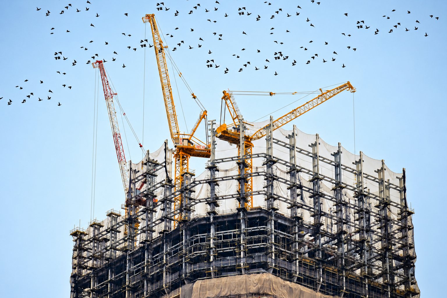 Plusieurs grues de chantier dominent la structure d'un immeuble en construction entouré d'échafaudages, tandis qu'une nuée d'oiseaux traverse le ciel.