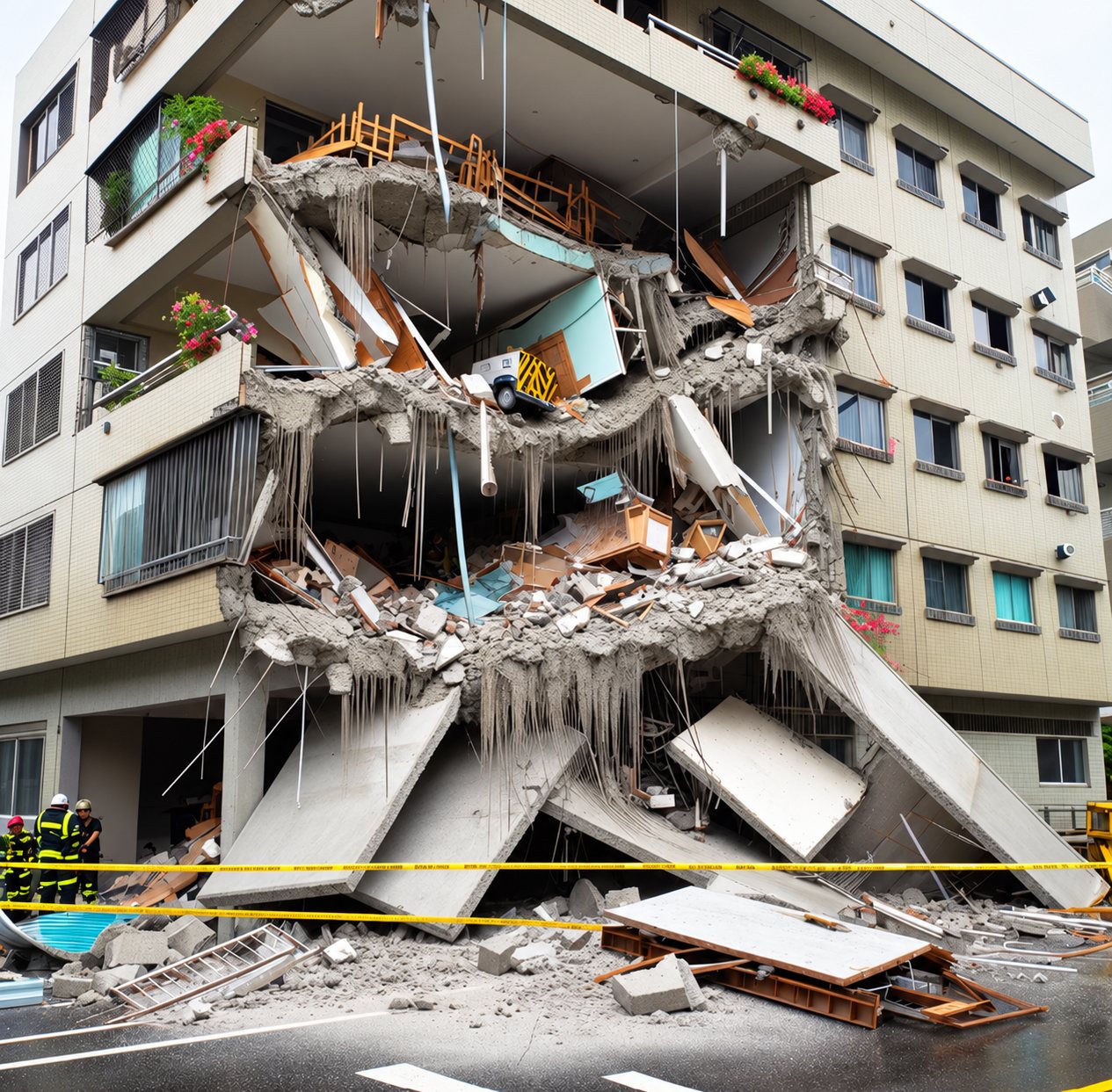 Un immeuble de plusieurs étages s'est partiellement effondré, laissant des dalles de béton et des décombres sur la chaussée derrière un ruban jaune, avec des secouristes à gauche.