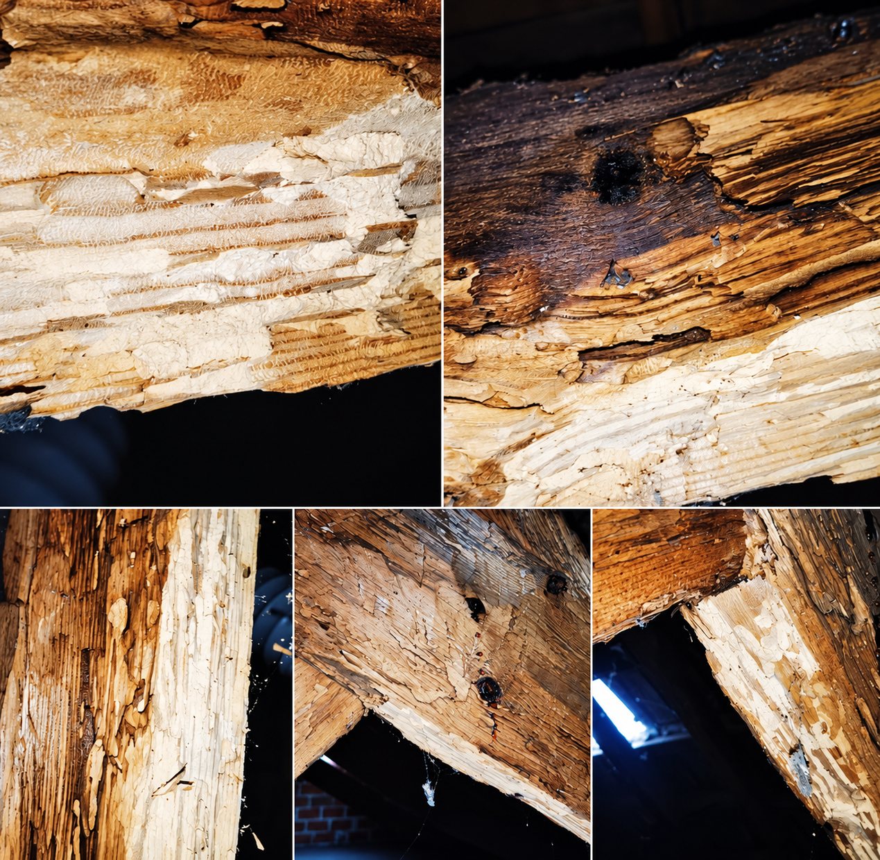 Montage de cinq photos montrant des poutres de charpente en bois fortement abîmées par des insectes xylophages, avec des galeries et du bois rongé.